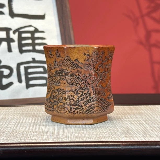 宜兴原矿紫砂老段泥柴烧主人杯刻绘瀑布八方龙骨金砂品茗高端茶器