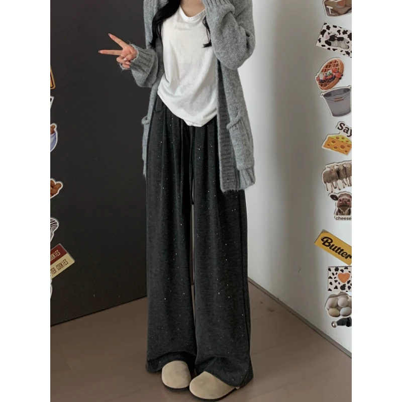 深灰色亮片秋冬糯米裤女秋梨形身材胖mm高腰显瘦宽松闪钻阔腿裤子