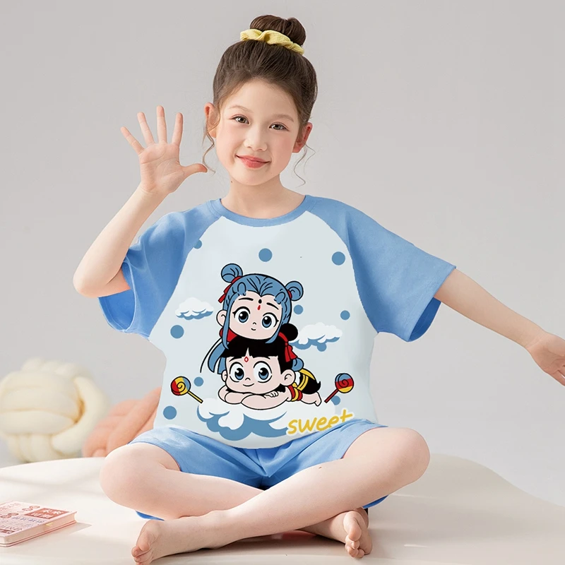 亲子女孩睡衣春夏季哪吒敖丙可爱甜美儿童宝宝纯棉薄款家居服短袖