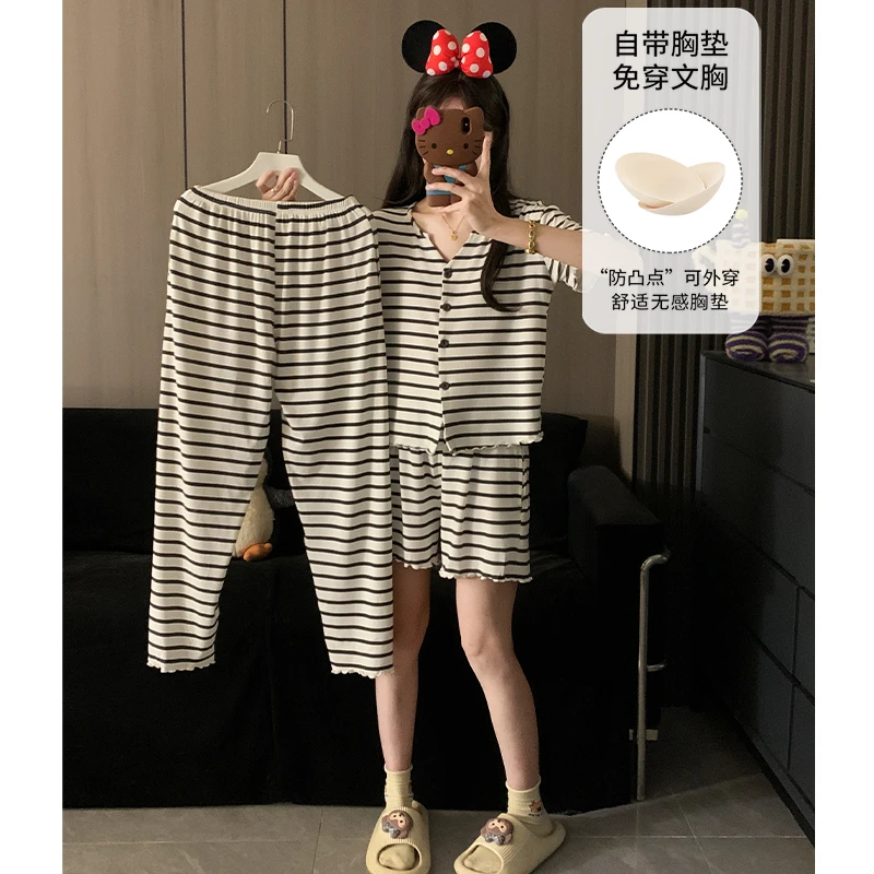 甜酷风睡衣女三件套夏季短袖带胸垫甜美条纹显瘦家居服套装夏天薄