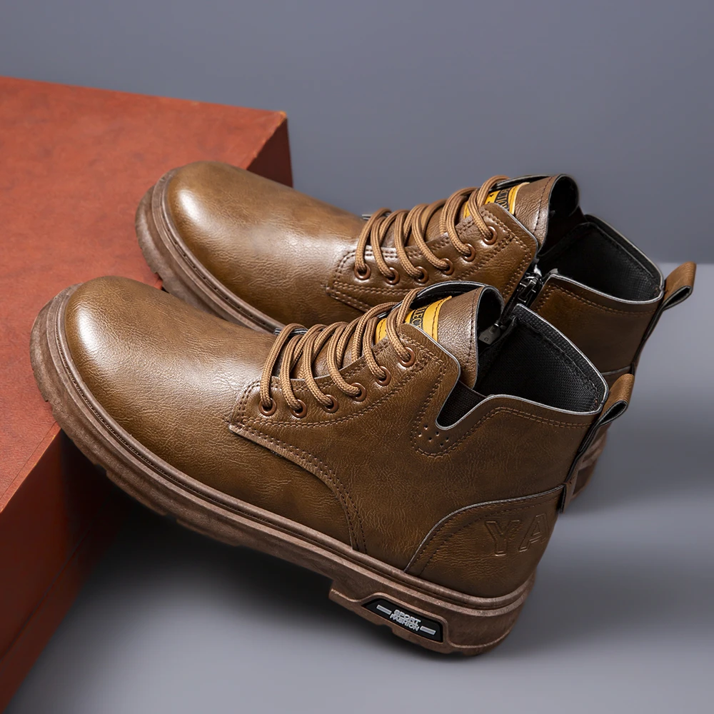 男士高帮马丁靴休闲皮革拼接耐磨透气鞋子冬季靴子保暖英伦风百搭