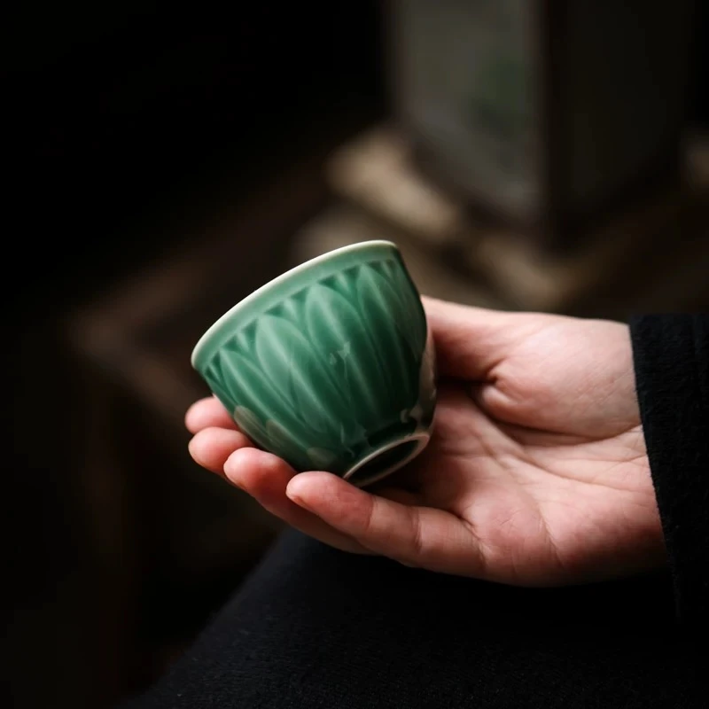 青花瓷墨青莲花品茗杯青色中式复古陶瓷茶杯客杯主人杯@229(lf)