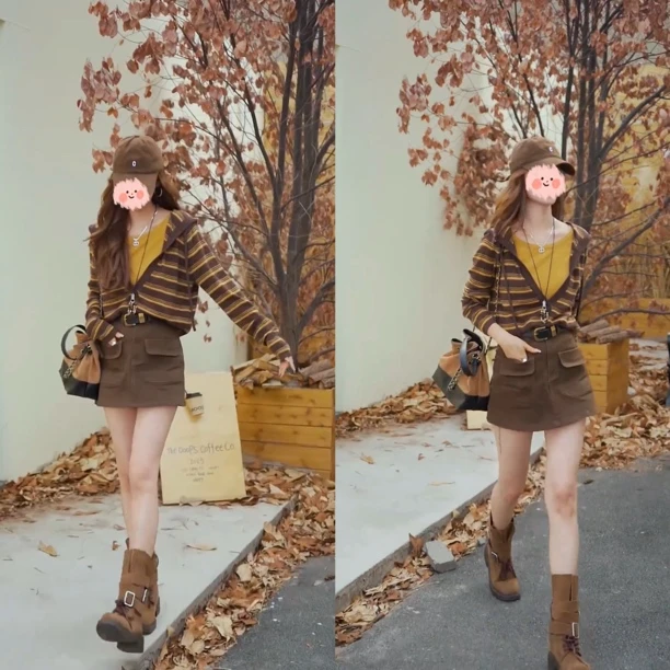 2025秋季韩版休闲套头假两件连帽长袖针织显瘦气质A字工装裙裤女