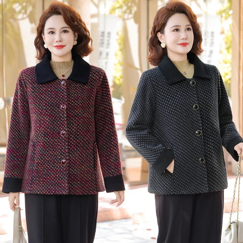 2025秋冬新款外套中老年长袖翻领女装格子褂子时尚洋气妈妈装夹克