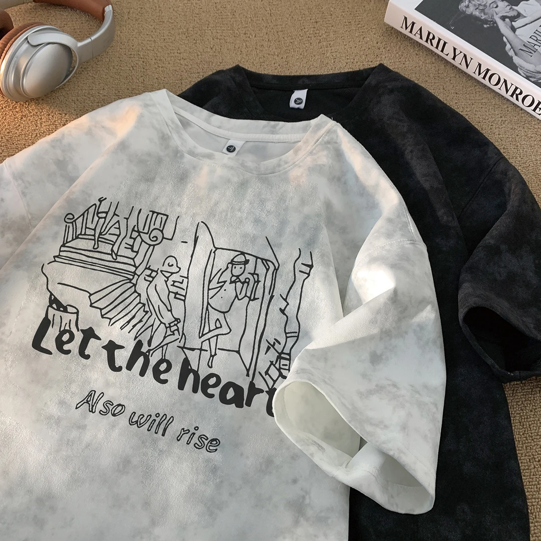 扎染抗皱麂皮绒短袖T恤男生美式夏季宽松青少年印花痞帅重磅上衣