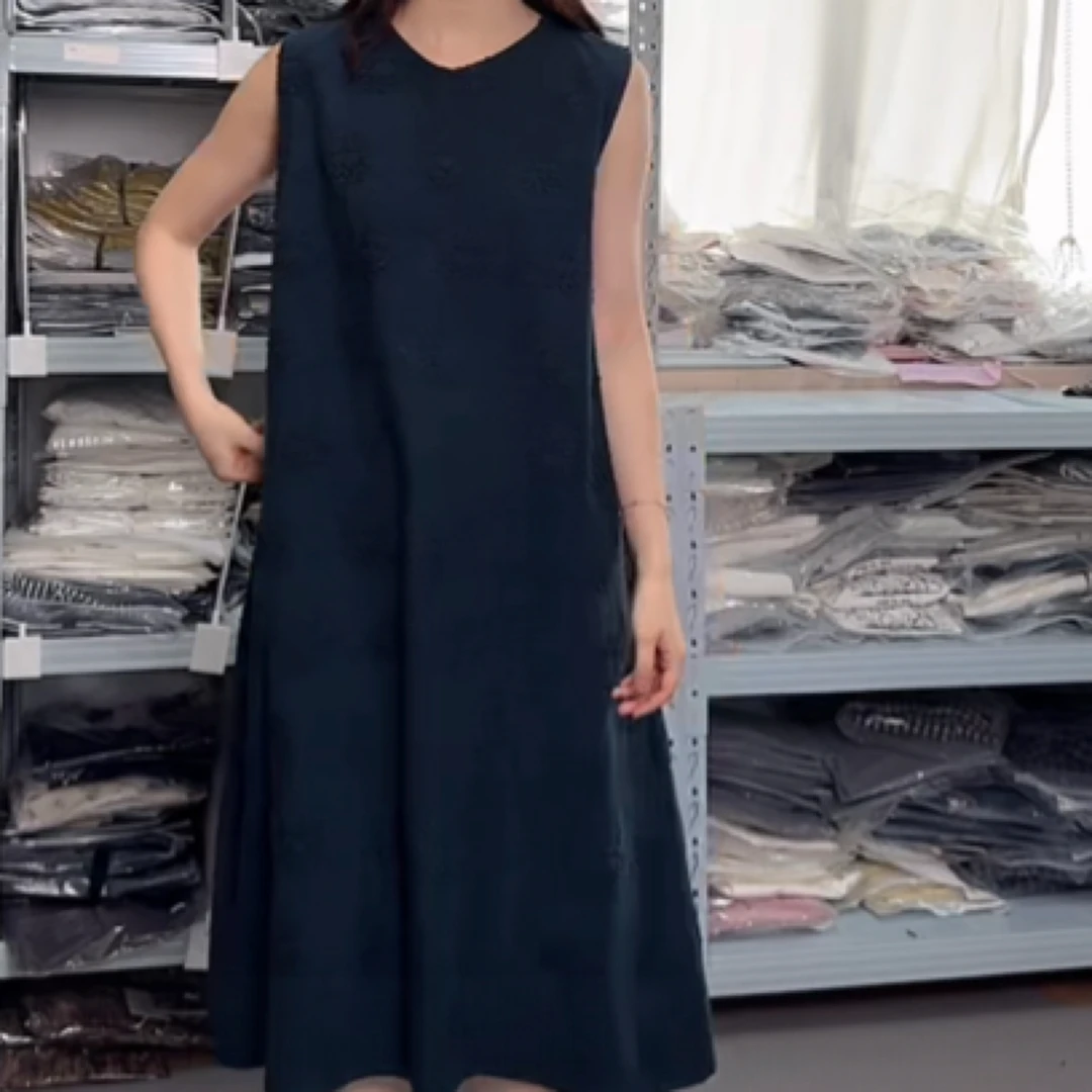 后喜自制 日本进口亚麻棉 木耳边无袖连衣裙