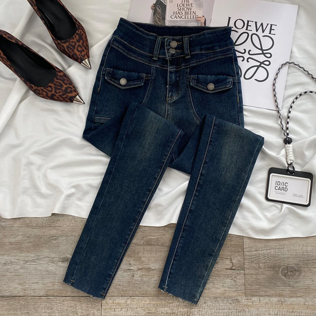 提臀高腰紧身小脚牛仔裤女加绒2025新款秋冬修身弹力显瘦铅笔靴裤