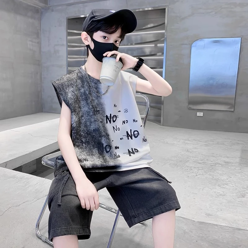 MK&UR.BV男童夏装套装2025新款中大童纯棉背心T恤牛仔短裤两件套