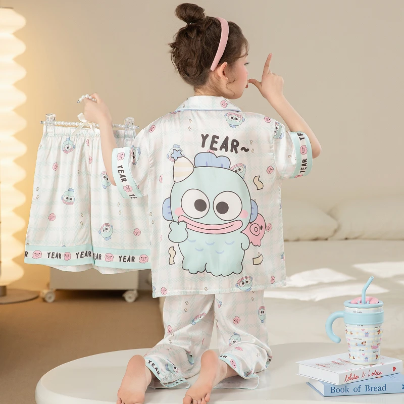 bejirog/北极绒时尚开衫款女童夏季短袖翻领冰雪丝居家睡衣三件套