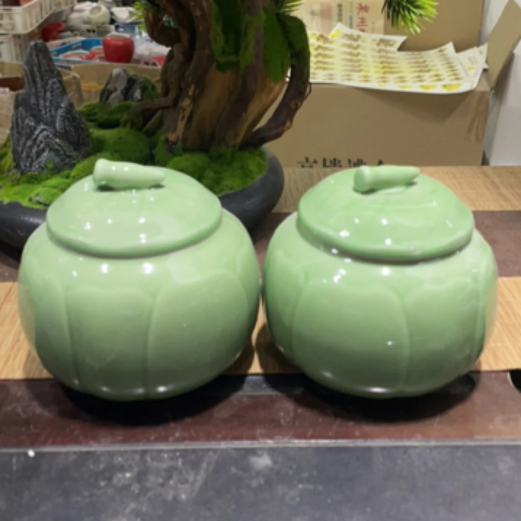 当代 绿青瓷茶叶罐陶瓷带盖防潮密封罐家用储物罐A55