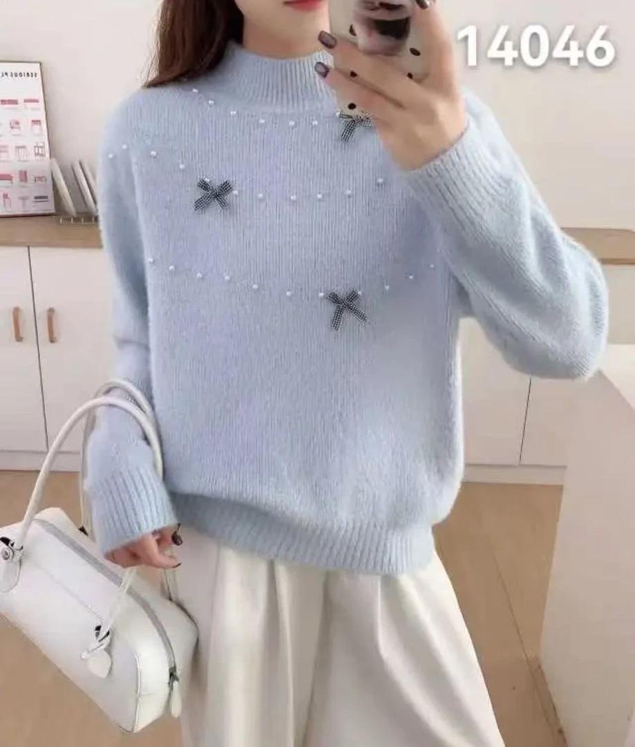【14046】雅#重工钉珠蝴蝶结毛衣上衣