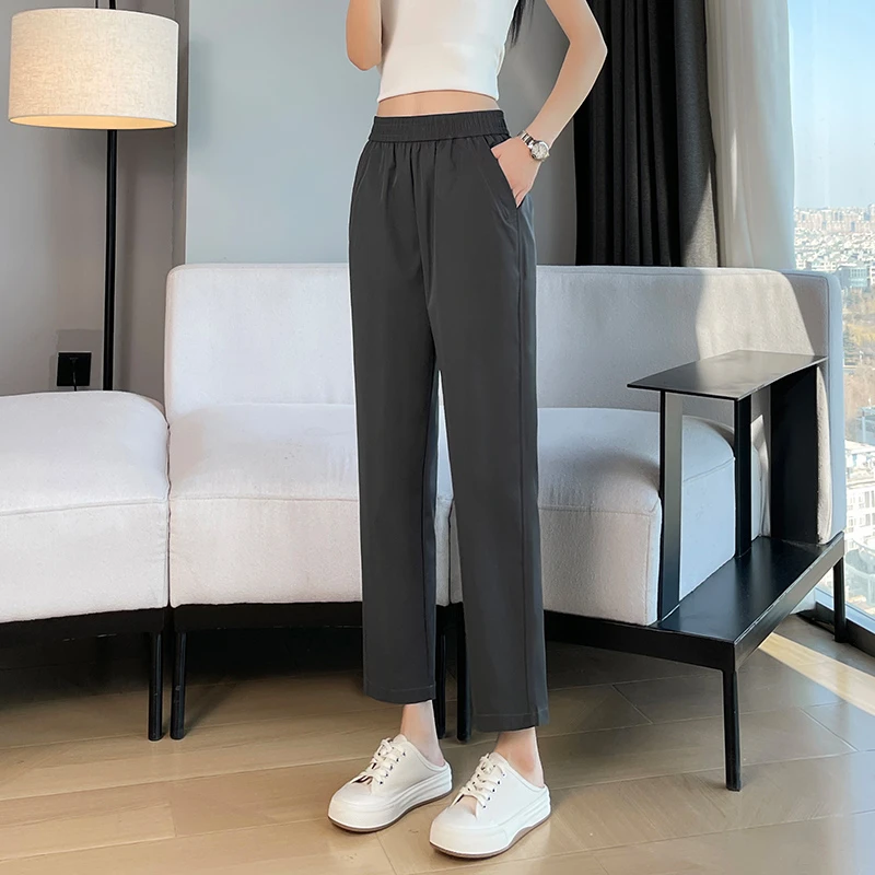 小个子哈伦裤夏季薄款冰丝裤宽松烟管裤高腰八分九分西装休闲裤