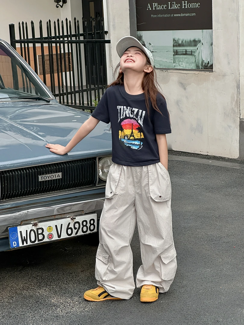 女童工装裤夏装2025新款中大童洋气薄款速干裤夏季女孩休闲长裤