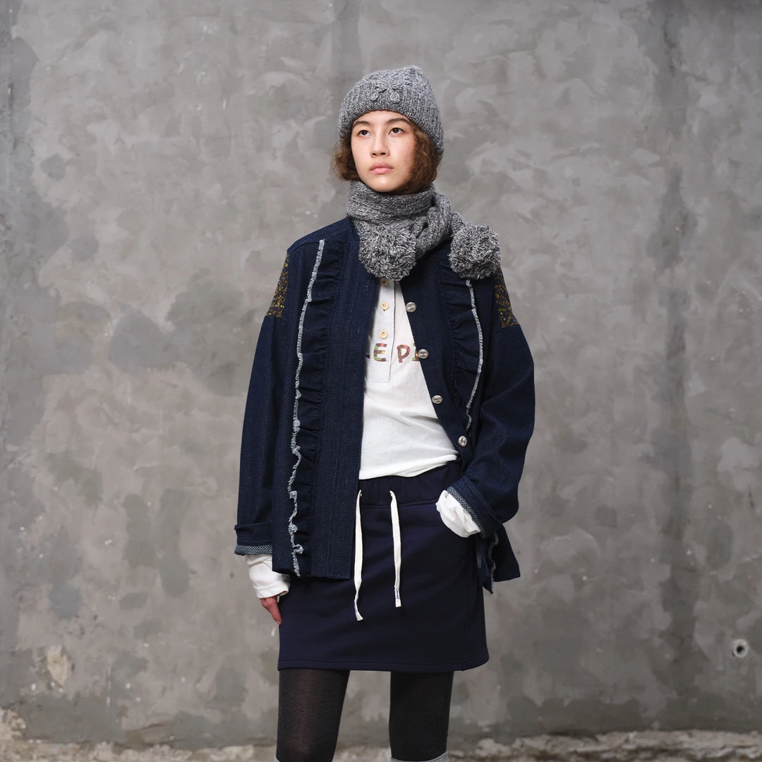 puzzle piece设计师品牌26早春藏青色褶皱衬衫