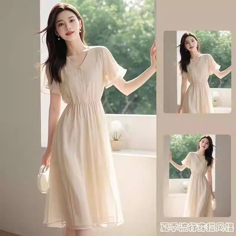 2025新款夏季雪纺连衣裙收腰修身简单大方法式短袖气质甜美中长裙