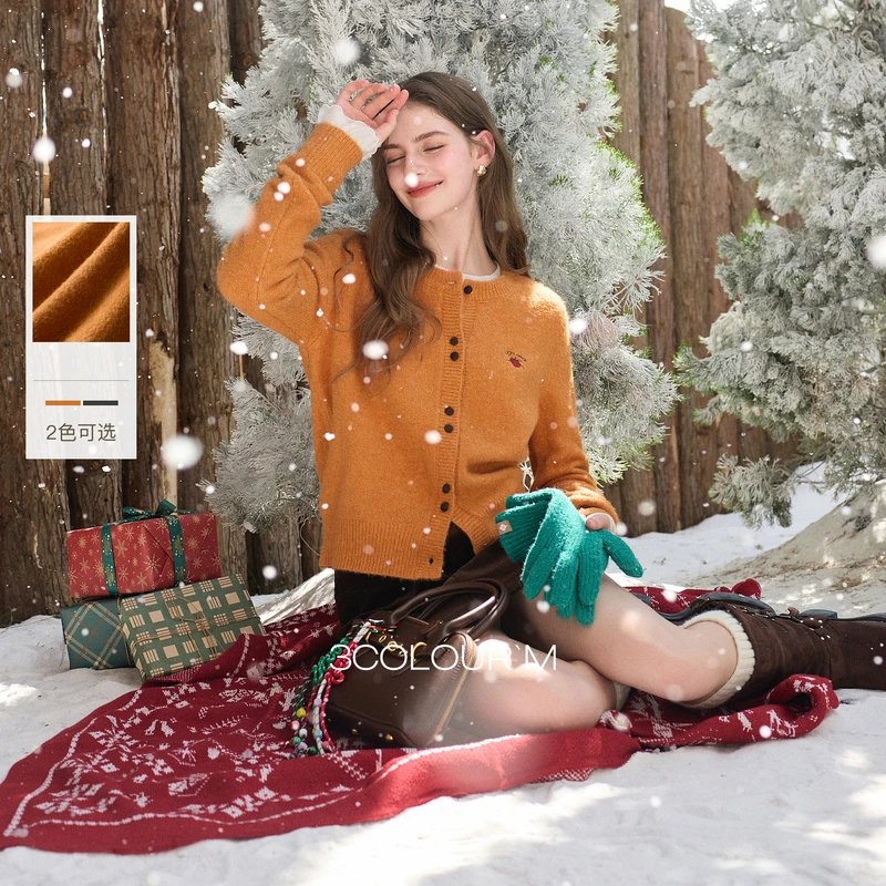 三彩2025冬季新款撞色刺绣针织衫圆领毛衫开衫休闲外套M