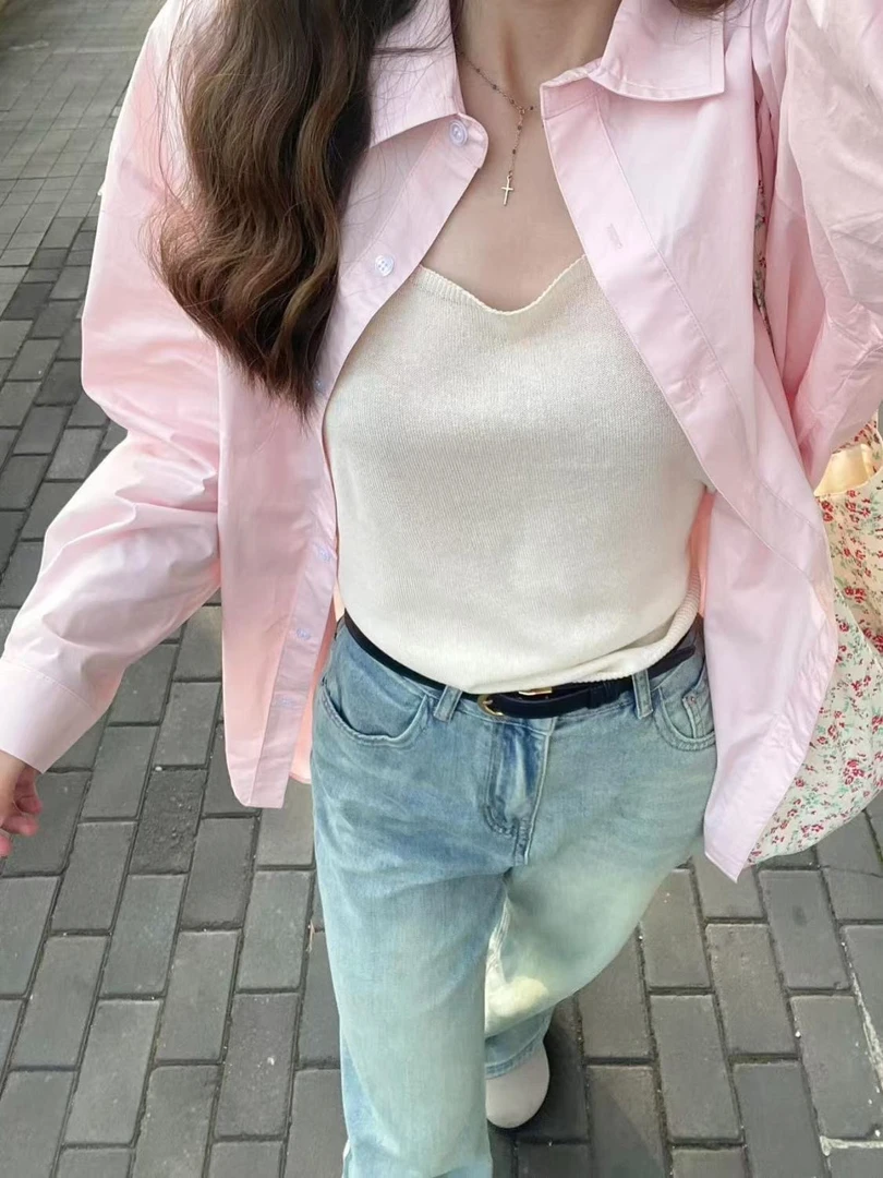 100%纯棉多巴胺叠穿衬衫女内搭上衣宽松休闲遮肉长袖衬衣外套开衫