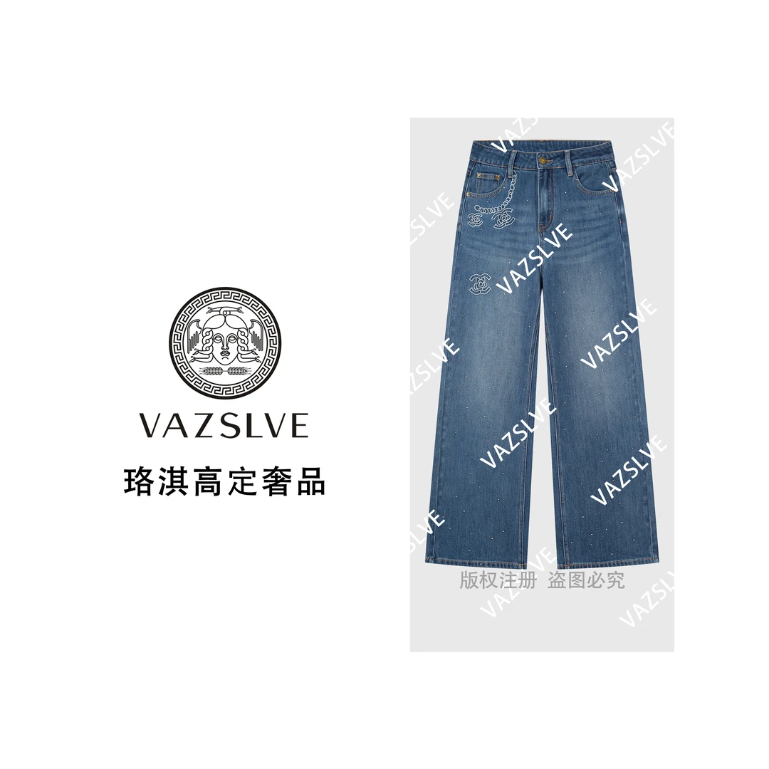 【VAZSLVE/珞淇高定】欧美复古重工烫钻牛仔高腰显瘦直筒刺绣牛仔