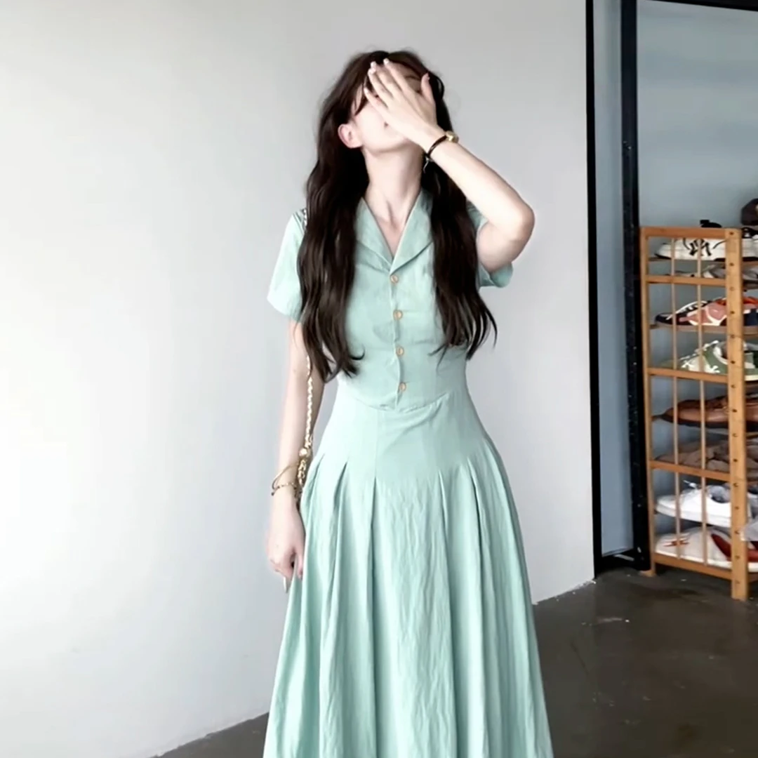 2025夏季女装新款绿色衬衫连衣裙子女多巴胺夏季衣服掐腰气质长裙