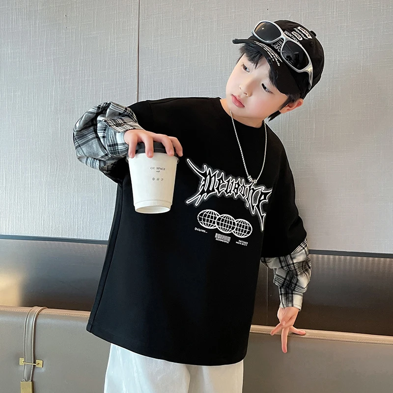 男童中大童春秋卫衣2025新款复古格子假两件男孩上衣时尚长袖潮酷