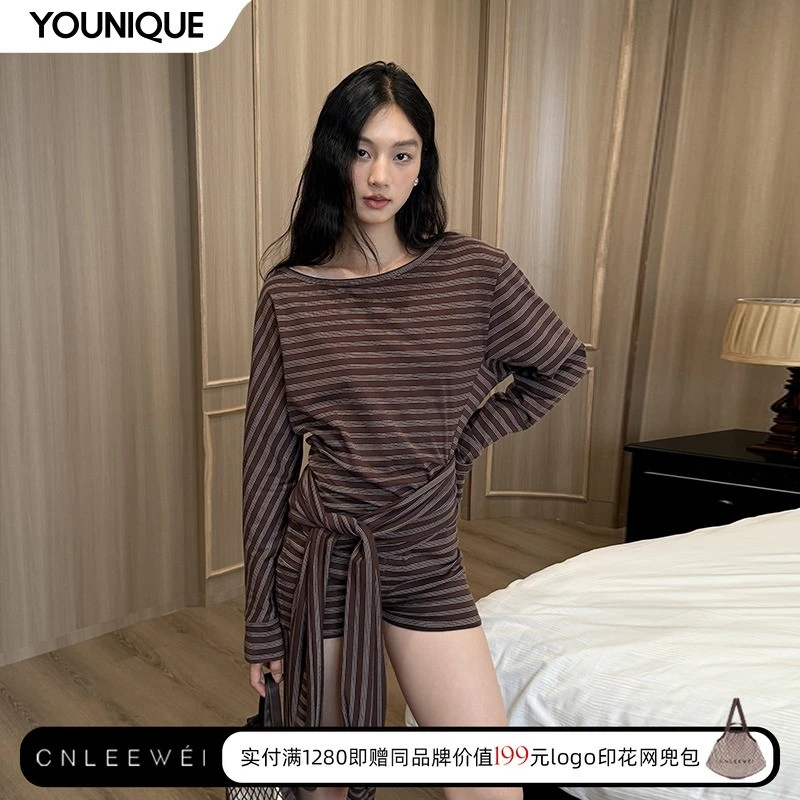 【CNLEEWEI】新品25秋冬斜肩褶皱上衣围裹式系带短裤女