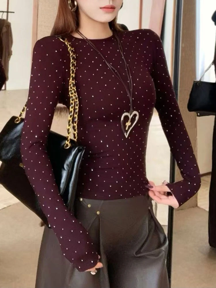 高级感烫钻长袖T恤正肩圆领内搭打底衫女秋冬季辣妹时髦洋气上衣