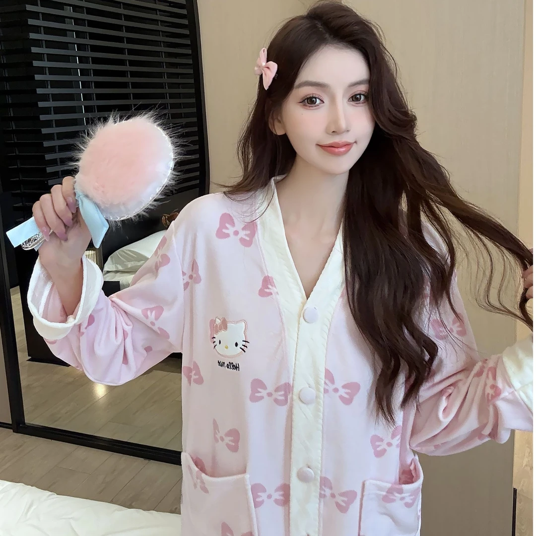 【粉色K小猫】超柔海岛绒新款套装睡衣简约韩版秋冬长袖加绒