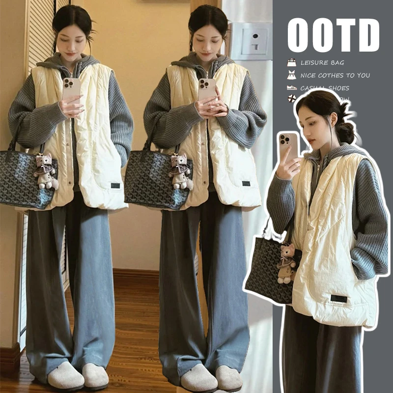 孕妇套装2025秋冬装新款宽松版孕妇三件套加厚裤子棉马甲加厚毛衣