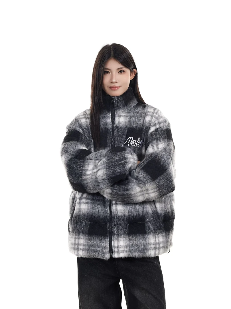 马黑毛厚宽黑色格子棉袄