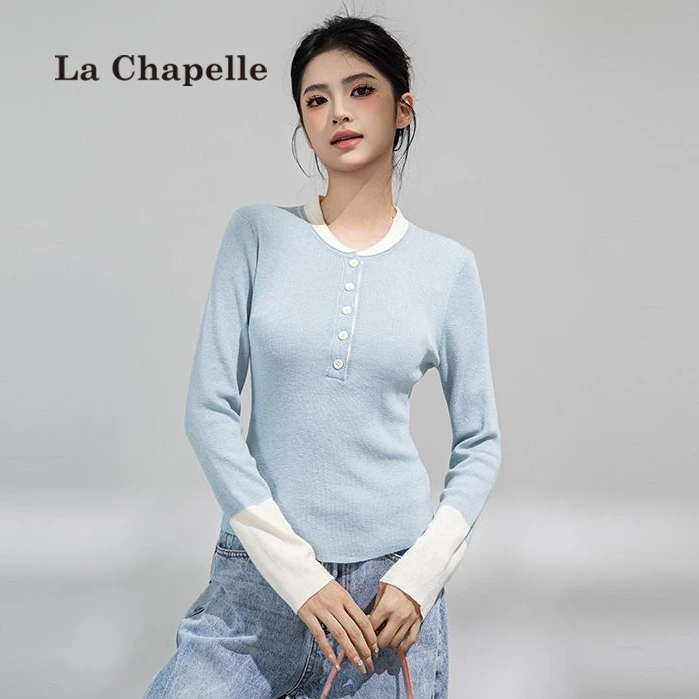 拉夏贝尔撞色长袖针织衫内搭女2025秋冬季毛衣修身显瘦打底衫上衣