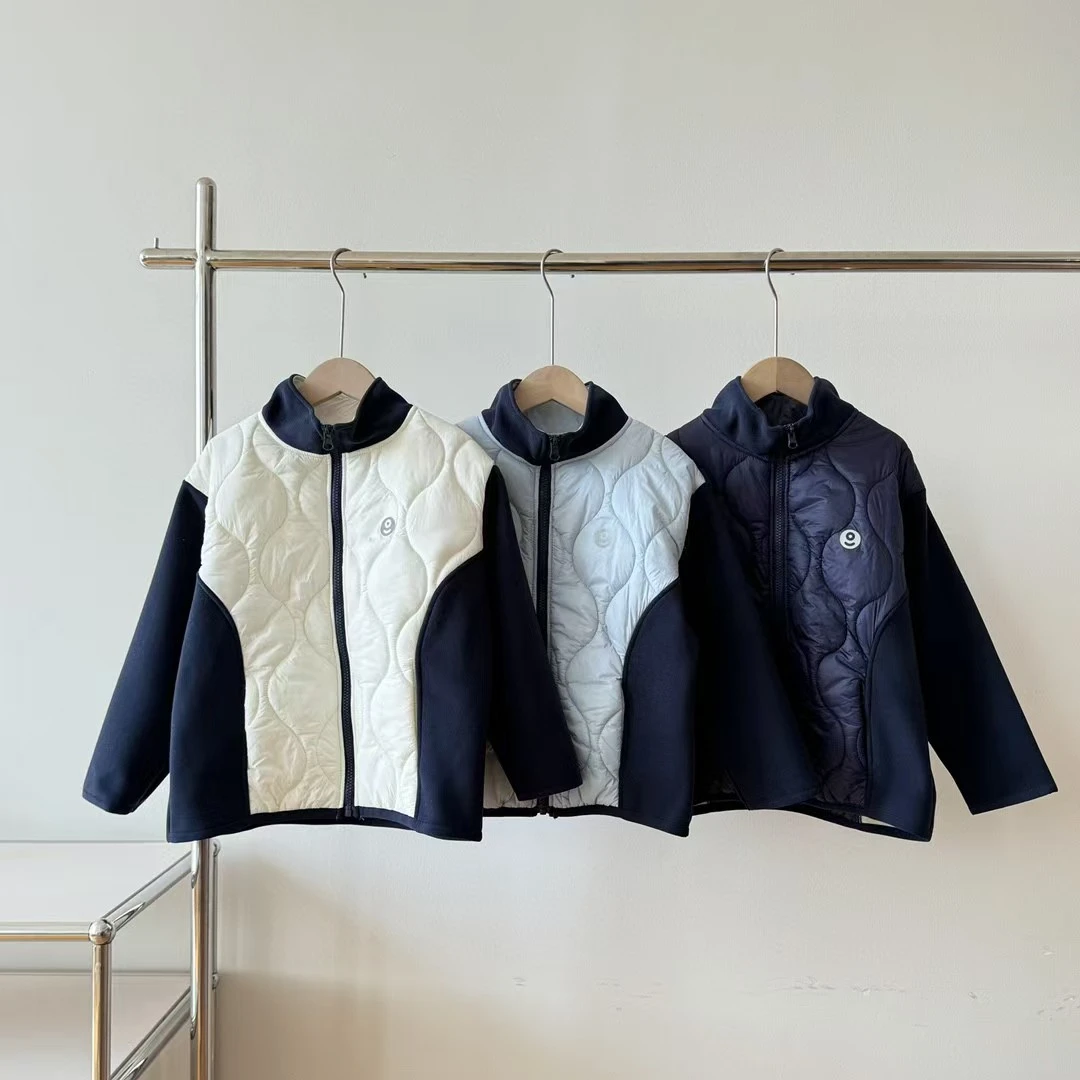 春秋季儿童拼接薄棉服保暖立领时尚外套防风舒适三色外套休闲加绒