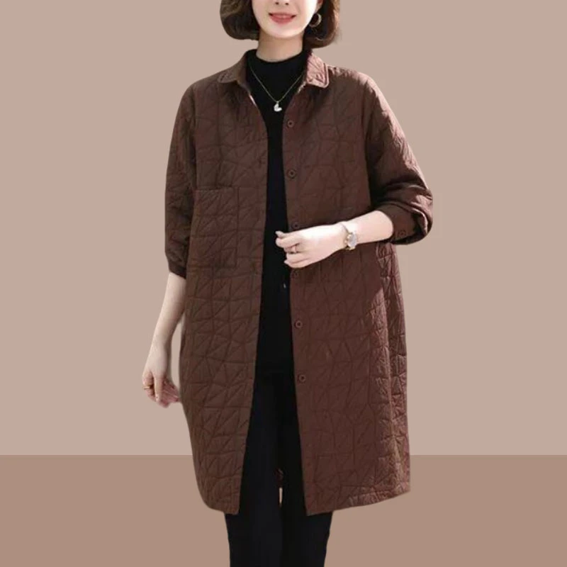 2025秋冬新款宽松大码女装中长款休闲加厚保暖夹棉格子风衣外套女