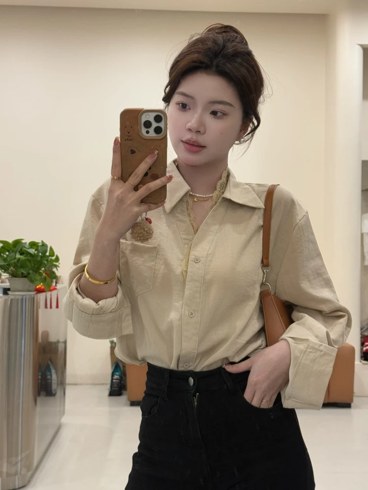 【街头故事】秋季韩系蕾丝花边拼接白色衬衫女宽松休闲百搭长袖上衣