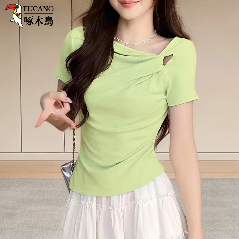 啄木鸟夏季新款不规则斜领短袖时尚百搭T恤褶皱设计感上衣女小众