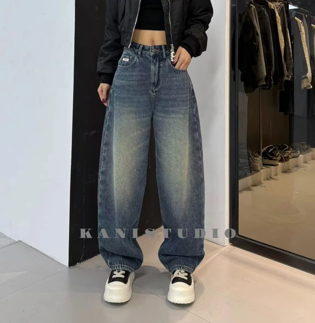 FF8852-[早春新款]-中高腰显瘦宽松慵懒牛仔老爹裤弯刀裤小众水洗