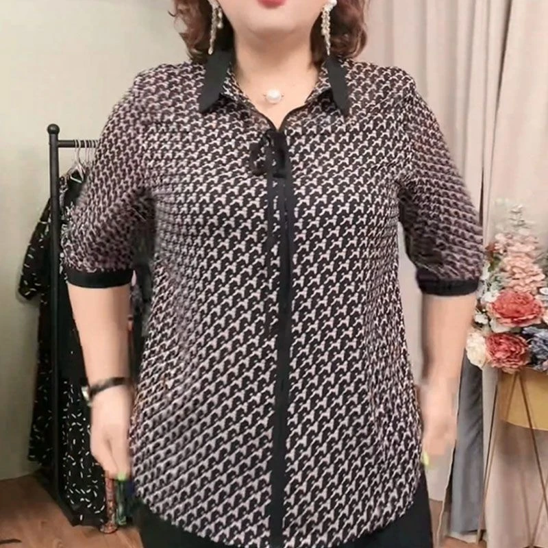5552大码短袖上衣2025夏季新款千鸟格显瘦小衫洋气妈妈气质女装