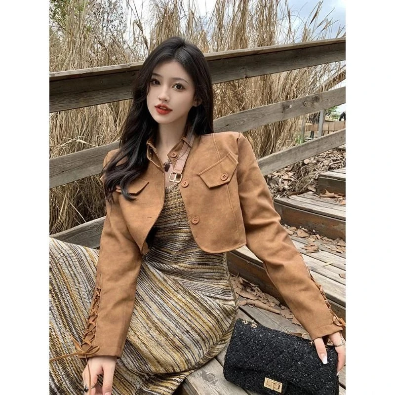 甜酷复古短款pu皮衣外套女秋季新款韩版修身百搭机车系带皮夹克潮