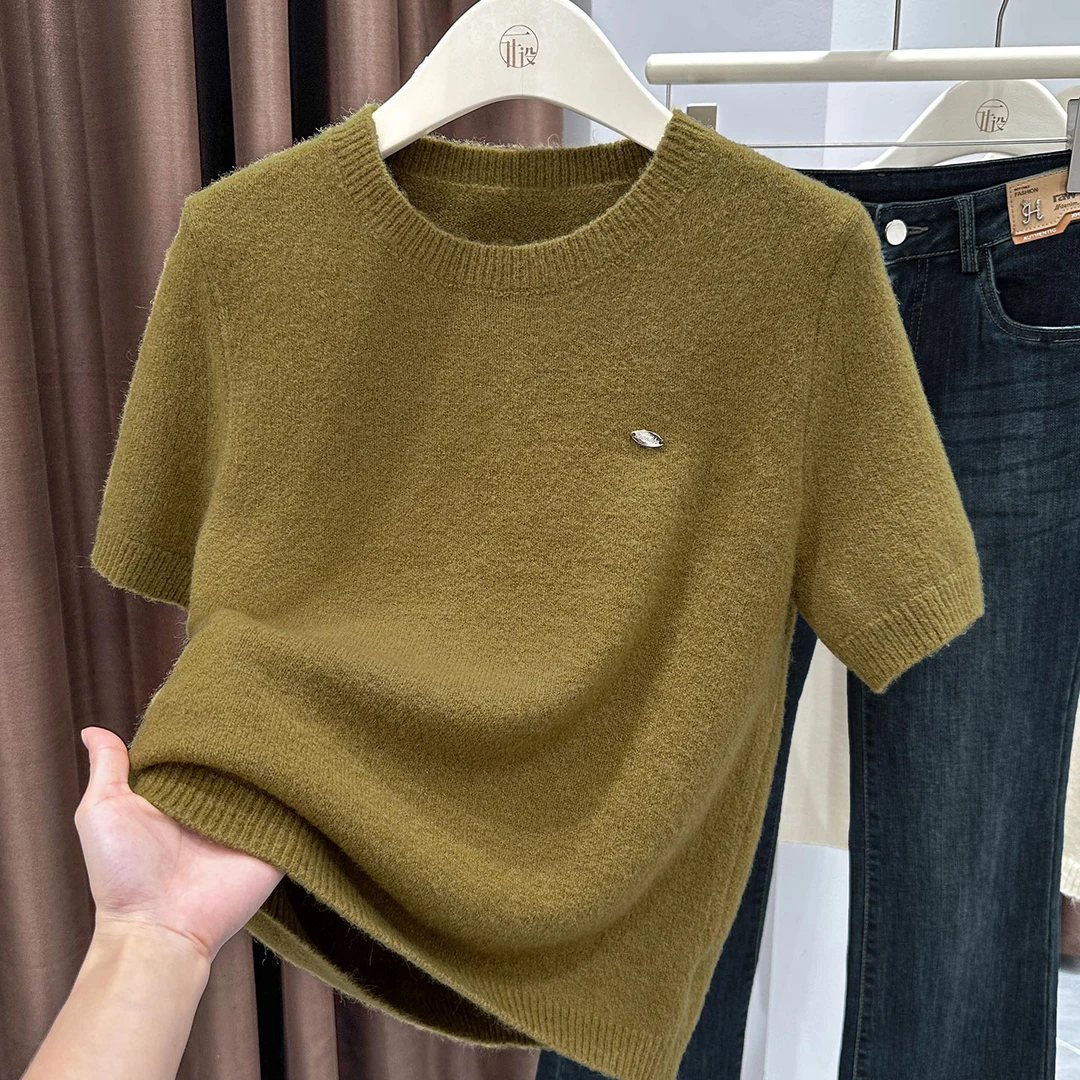 气质圆领宽松磨毛针织显瘦上衣秋季新款简约毛衣短袖T恤百搭小衫