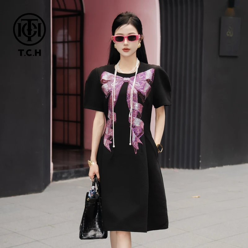 TCH轻奢烫钻工艺高定蝴蝶结气质黑色连衣裙女T75A30E1001私服tch