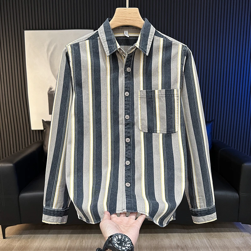 春秋季潮流条纹长袖衬衫男宽松休闲帅气纯棉日系翻领男装衬衣外套