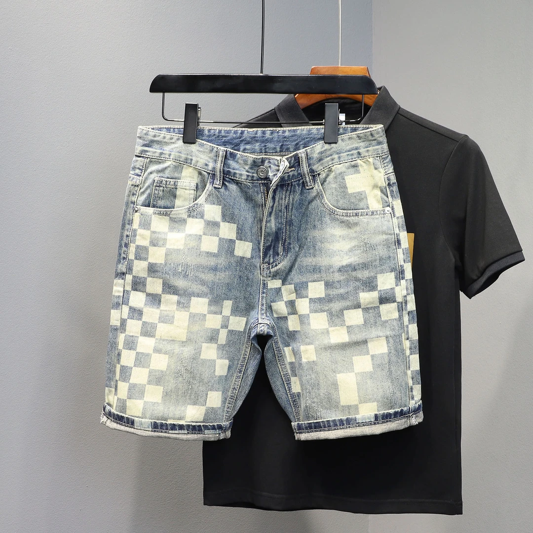 希敦纽勒夏季男士牛仔短裤个性棋盘格印花水洗刮烂时尚潮牌五分裤