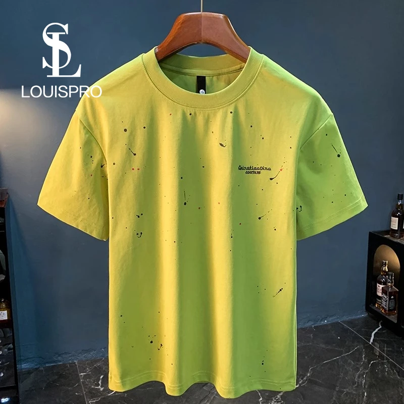 Louispro重磅短袖T恤男夏季新款漆点印花刺绣体恤衫潮牌速干男
