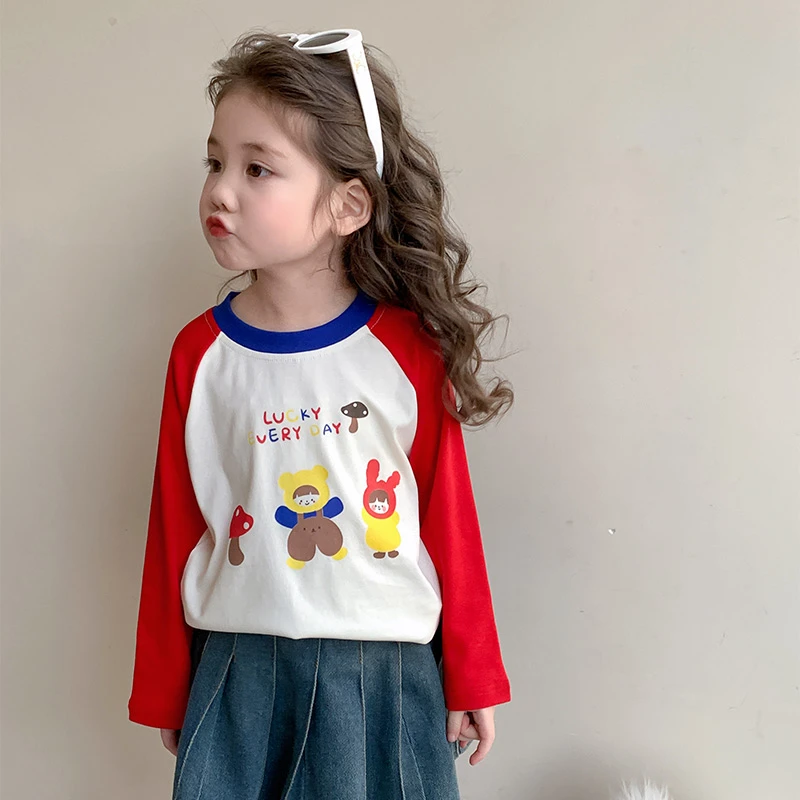 女童撞色插肩袖t恤春秋2025新款小童时髦薄款打底衫宝宝长袖上衣