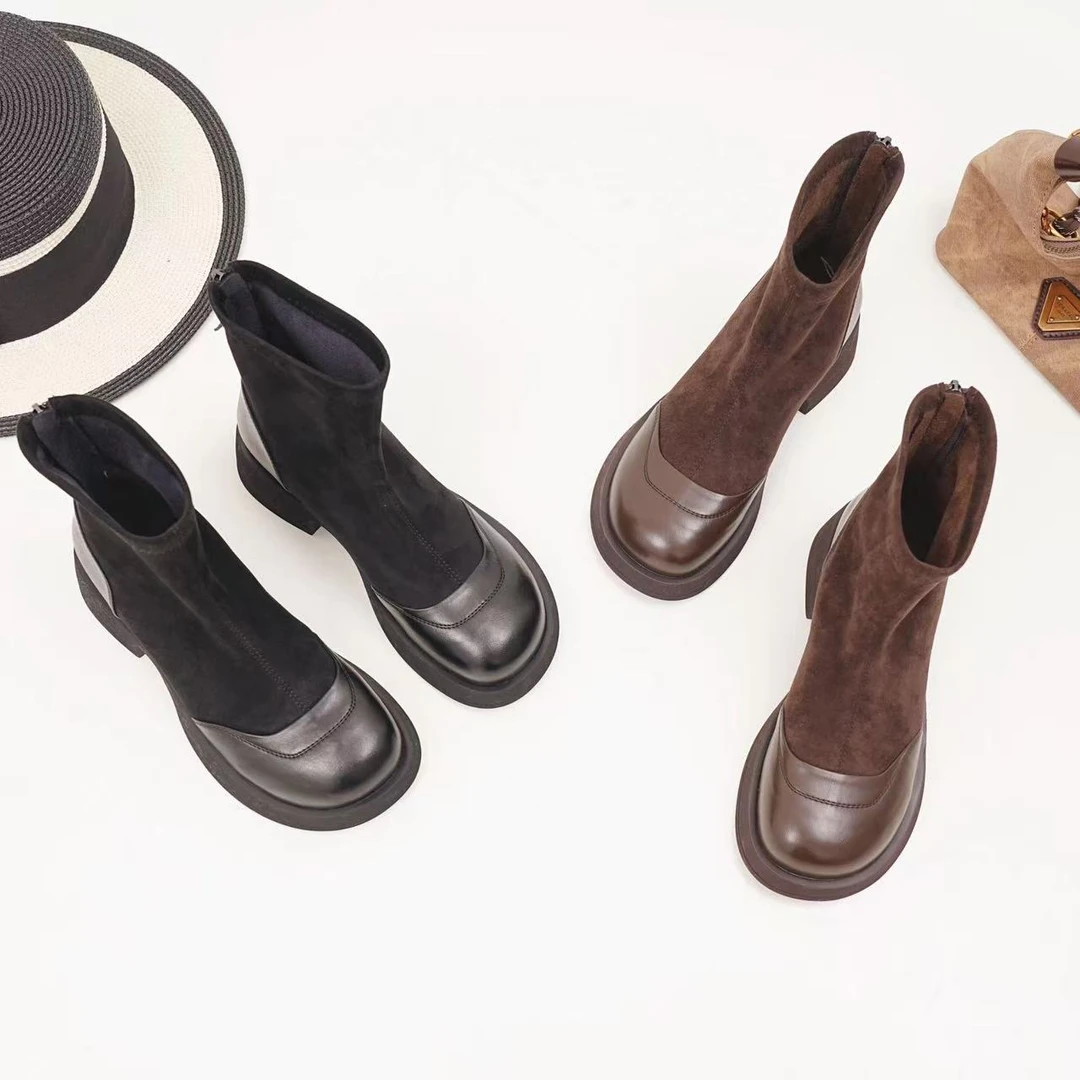 新款粗跟中跟短靴女2025年秋季网红时尚厚底百搭加绒瘦瘦靴短靴