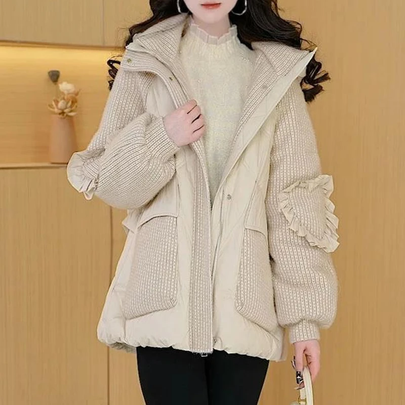 晨妍连帽拼接羽绒服女冬装2025年新款加厚宽松保暖白鸭绒休闲外套