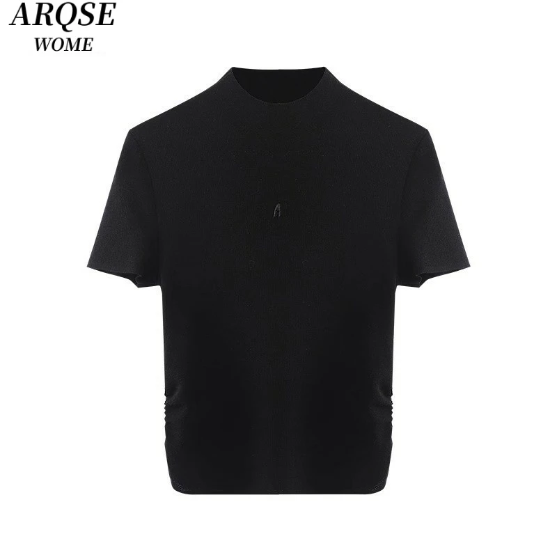 艾家新款2025夏季羊毛短袖针织衫半高圆领黑色修身打底上衣女8019