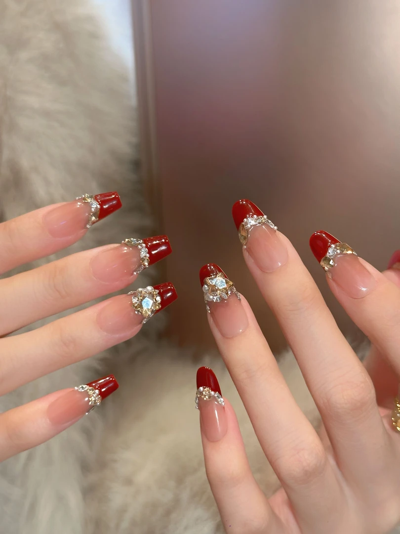 Rola nora 【红妆】纯手工穿戴甲 手绘法式满钻锆石钻 新年红显白