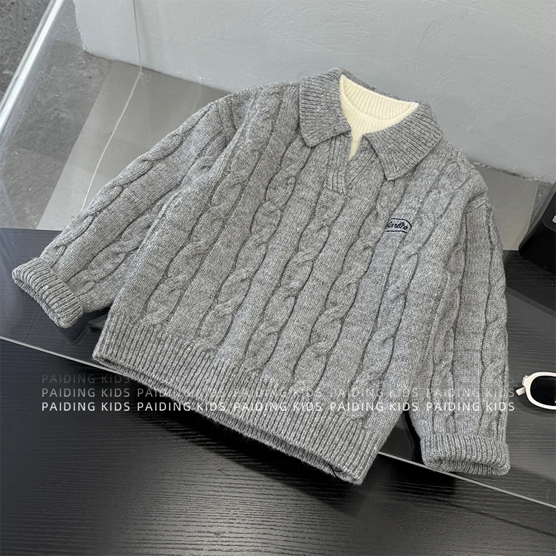 冬装儿童韩版时尚假两件设计翻领套头字母刺绣针织毛衣SJ6908