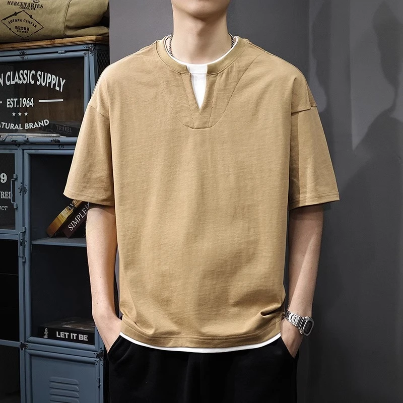 MR.MUDI/穆迪先生美式复古假两件V领短袖T恤男士夏季新款宽松纯棉