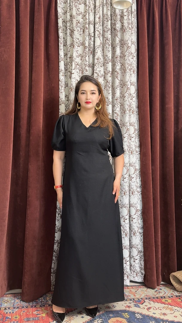 拼接V领显瘦蕾丝复古亚麻连衣裙女士中长裙裙子高腰夏季短袖